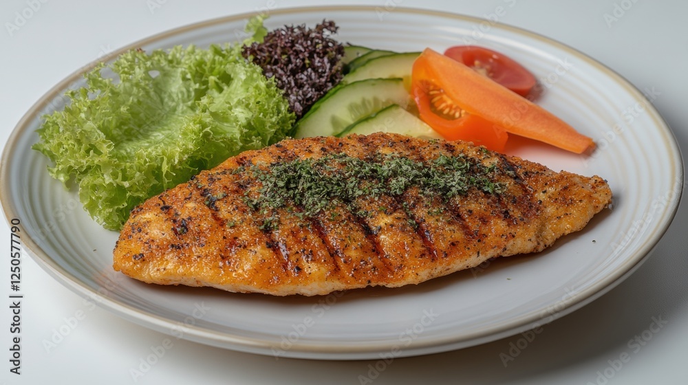 Grilled Salmon Fillet with Fresh Vegetables on a White Plate Grilled Salmon Fillet with Fresh Vegetables on a White Plate