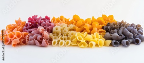 Panel kuchenny z motywem Colorful assortment of pasta shapes arranged in a line on a white background showcasing vibrant colors and textures ideal for culinary designs.