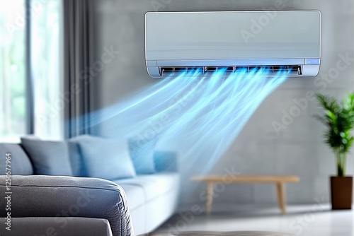 The air conditioner with blue effect in the modern living room feels refreshing and cool photo