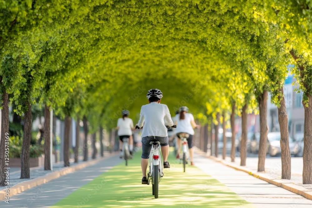 Obraz premium Eco-Centric Urban E-Biking Riders on Sustainable E-Bikes Along Lush, Leafy Corridors in South Korea - Green Mobility Content for Urban Planning and Eco-Friendly Travel Campaigns