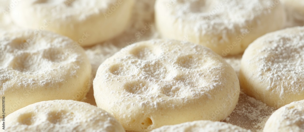 Close Up of Flour-Based English Muffins with Powdered Sugar Perfect for Recipes and Culinary Text Integration Close Up of Flour-Based English Muffins with Powdered Sugar Perfect for Recipes and Culinary Text Integration