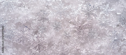 Delicate close-up of unique snowflakes and icy textures creating a soft winter background for seasonal designs and holiday themes photo