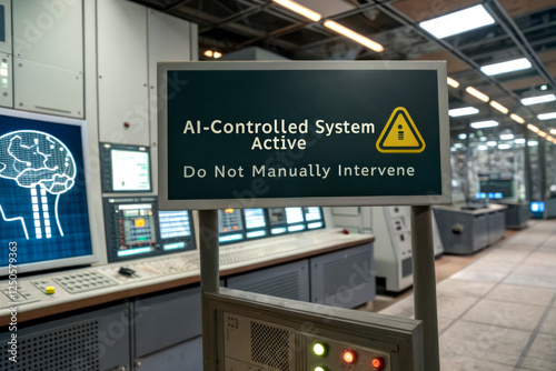 A sign indicates an active AI-controlled system with a caution symbol, warning not to intervene manually in a high-tech control room.
