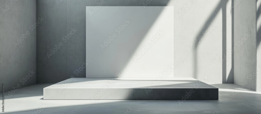 Fototapeta premium Modern minimalist interior showcasing a blank wall and podium illuminated by natural light for creative design projects and promotional content.