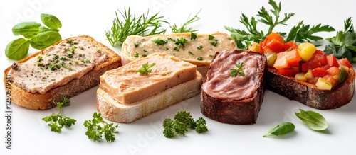 Pate sandwiches assortment with various meat pastes on toasted bread garnished with fresh herbs on a white background