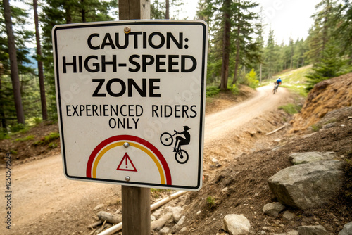 A caution sign warns of a high-speed zone for experienced riders only, situated along a forested dirt trail. photo