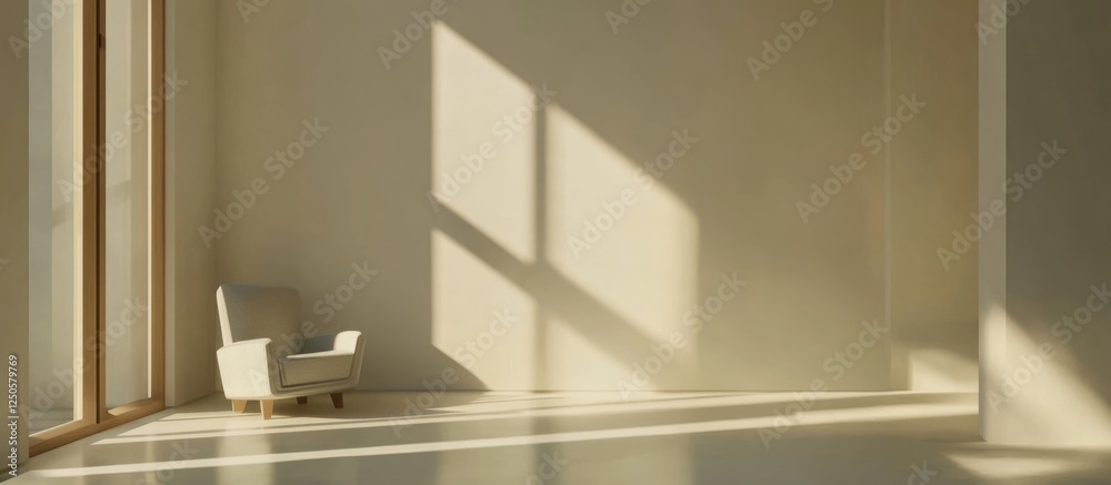 Fototapeta premium Minimalist interior design showcasing simple furniture and natural light with ample empty space for text and creative design elements