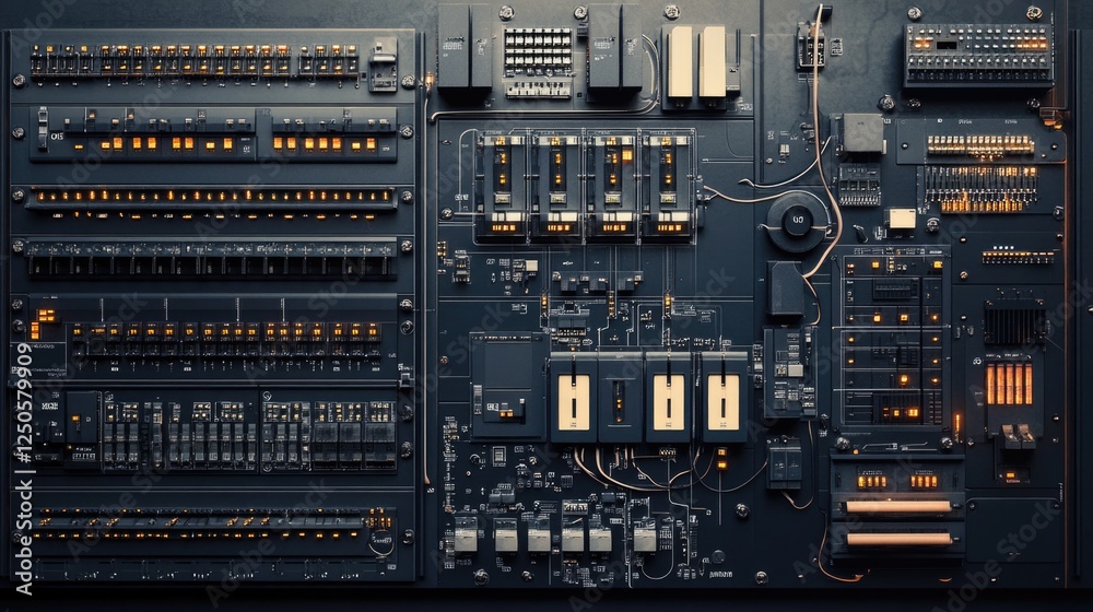 Detailed view of a modern electrical panel showcasing intricate circuits and switches in an organized layout with illuminated indicators. Detailed view of a modern electrical panel showcasing intricate circuits and switches in an organized layout with illuminated indicators.