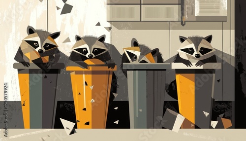 Illustrated poster raccoons with geometric masks rummaging through abstract trash cans, Swiss photo