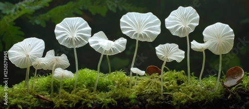 Mycena saprotrophic mushrooms growing in lush green moss showcasing delicate white caps and intricate gills in a serene forest setting photo