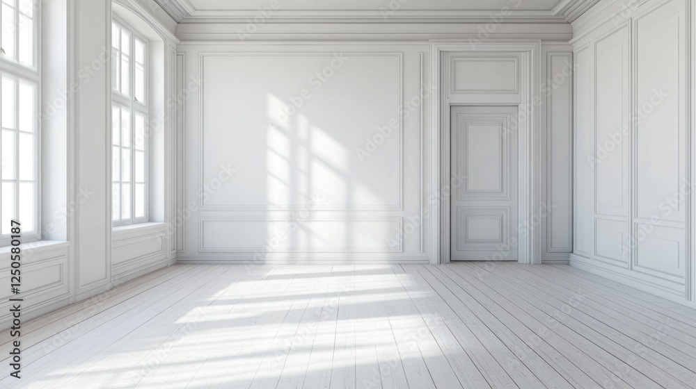 Fototapeta premium Bright Minimalist Interior Design Featuring White Walls and Wooden Flooring with Abundant Natural Light