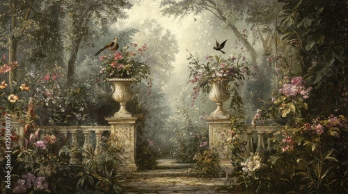 Serene Roman wallpaper a forest garden, adorned with birds, flowers, and elegant vases