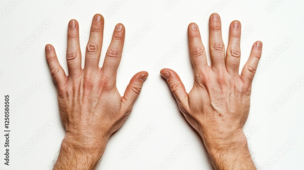 Male hands showing gesture on plain white background emphasizing palm and fingers in top view perspective Male hands showing gesture on plain white background emphasizing palm and fingers in top view perspective
