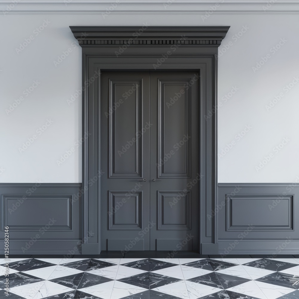 Classic double door with black and white checkered marble floor Classic double door with black and white checkered marble floor