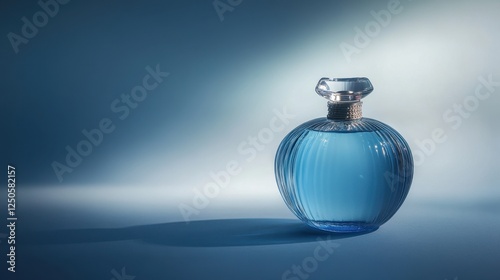 Elegant blue perfume bottle, glass design. Perfect for beauty, fragrance, or luxury ads.
