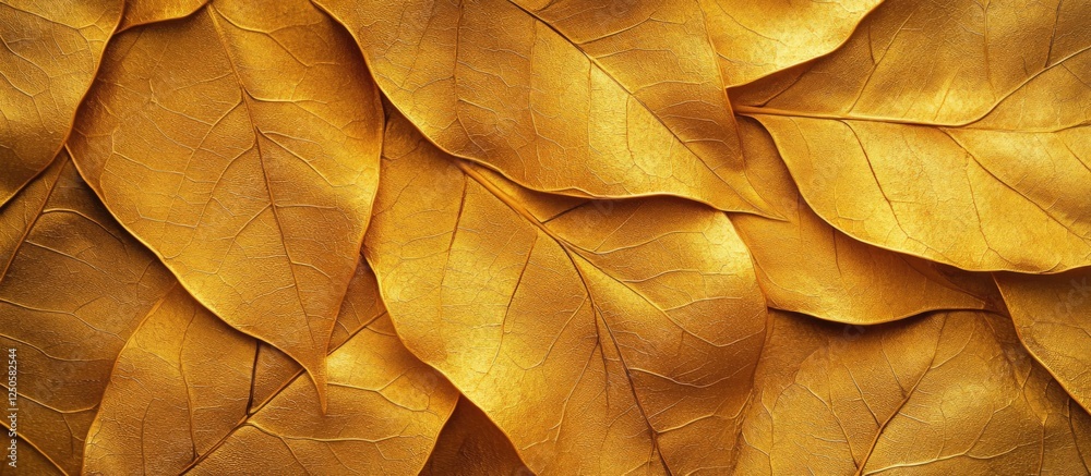Obraz premium Golden leaf texture background depicting multiple overlapping leaves with a rich and warm color, ideal for nature-inspired designs.