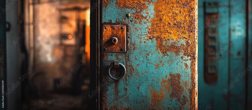 Rusty metal door with distressed texture and vibrant colors creating an industrial background for design or artistic purposes. Rusty metal door with distressed texture and vibrant colors creating an industrial background for design or artistic purposes.