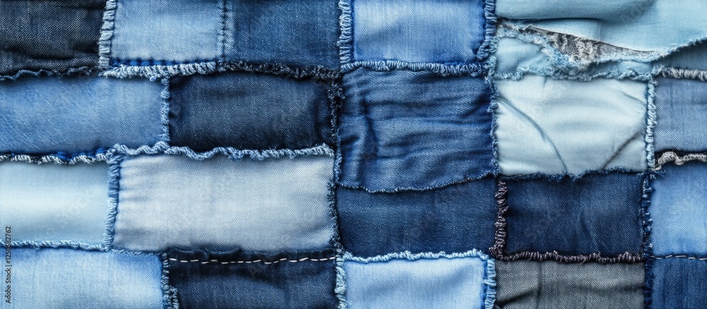 Denim patchwork textured background showcasing various shades of blue fabric in a rustic, vintage style perfect for fashion or design themes. Denim patchwork textured background showcasing various shades of blue fabric in a rustic, vintage style perfect for fashion or design themes.