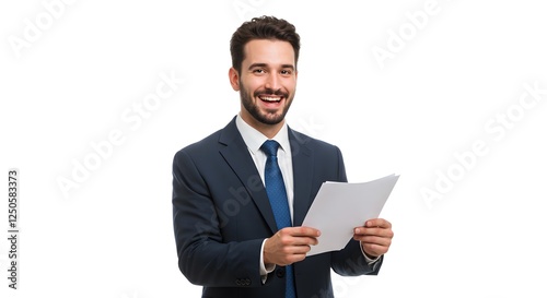 Happy Businessman Reading Documents Smiling Success