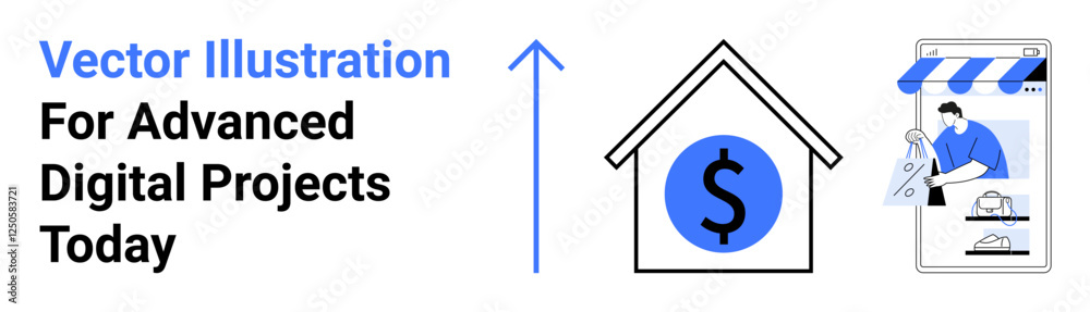 Upward arrow symbolizes growth next to house icon with dollar sign and storefront screen. Ideal for finance, e-commerce, real estate, investment growth, online businesses, strategy, or marketing flat Upward arrow symbolizes growth next to house icon with dollar sign and storefront screen. Ideal for finance, e-commerce, real estate, investment growth, online businesses, strategy, or marketing flat