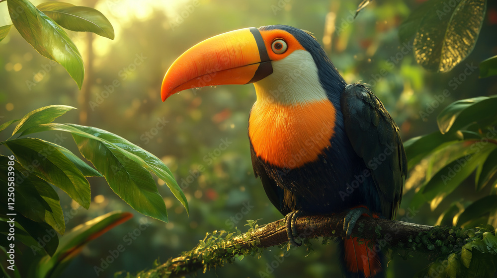 Fototapeta premium Colorful toucan perched on a branch surrounded by lush tropical foliage in a vibrant rainforest