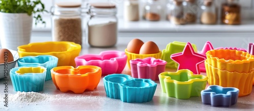 Vibrant multicolored silicone baking molds arranged with eggs and ingredients on a kitchen countertop for creative baking activities