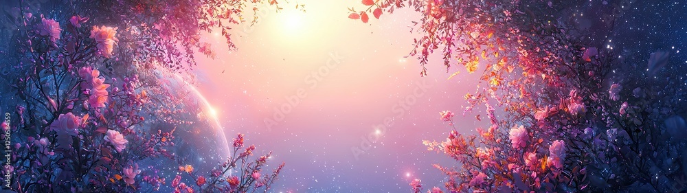 Earth day concept, Dreamy Floral Landscape with Soft Light and Ethereal Glow in a Whimsical Setting Earth day concept, Dreamy Floral Landscape with Soft Light and Ethereal Glow in a Whimsical Setting