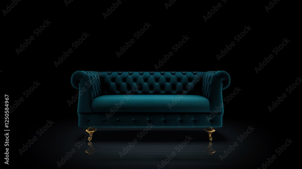 A luxurious deep teal velvet sofa with tufted backrest and brass legs A luxurious deep teal velvet sofa with tufted backrest and brass legs