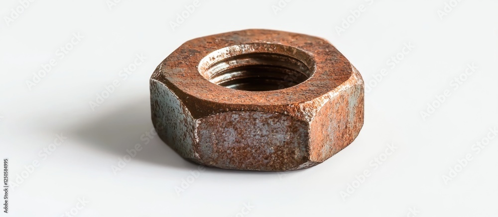 Rusty metal nut on a white background showcasing detailed texture and wear, ideal for industrial or DIY projects and concepts. Rusty metal nut on a white background showcasing detailed texture and wear, ideal for industrial or DIY projects and concepts.