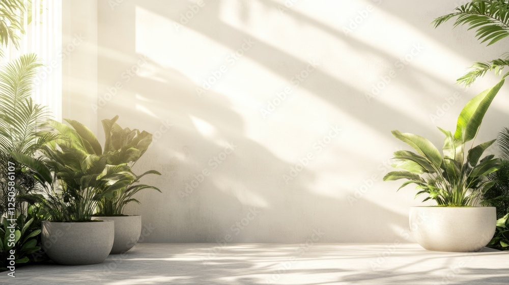 Minimalistic interior with lush green plants in large pots and soft sunlight creating a serene and calming atmosphere for presentations Minimalistic interior with lush green plants in large pots and soft sunlight creating a serene and calming atmosphere for presentations