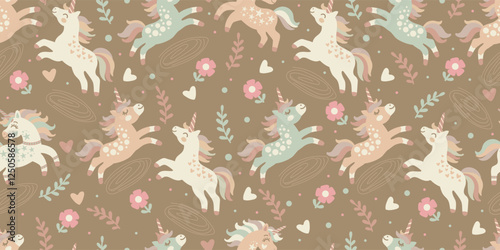 Seamless pattern with cute doodle unicorns on a colored background. Vector illustration. For packaging paper, printing and design on fabric, textile, dishes and bed linen. Cute children s background.