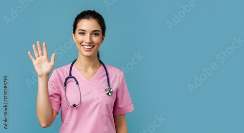 Obraz na płótnie Smiling Nurse Waving Hello Pink Scrubs Healthcare Medical w salonie