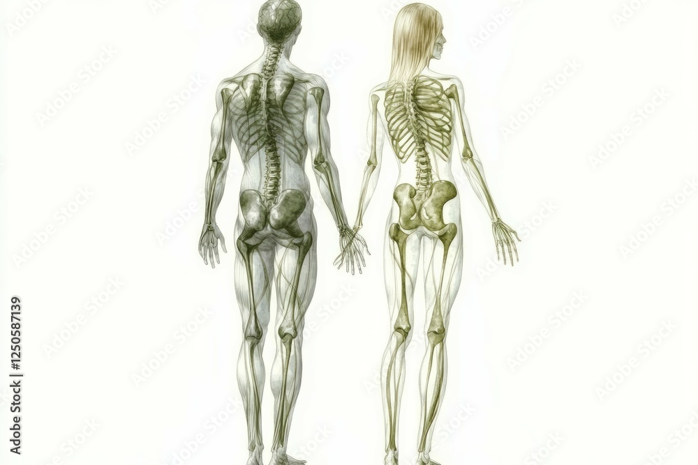 Set of Skeleton system Humans realistic diagram front back anterior posterior view. Set of Skeleton system Humans realistic diagram front back anterior posterior view.