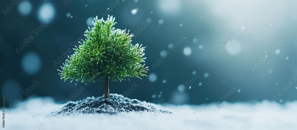 Miniature evergreen tree in soft snowfall creating a serene winter background with ample blank space for text or message placement Miniature evergreen tree in soft snowfall creating a serene winter background with ample blank space for text or message placement