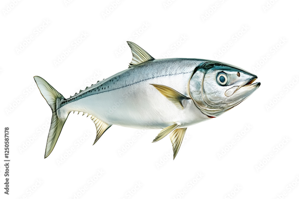 Fototapeta premium Fresh mackerel fish with detailed scales and fins isolated on white transparent background. Concept of seafood and marine life