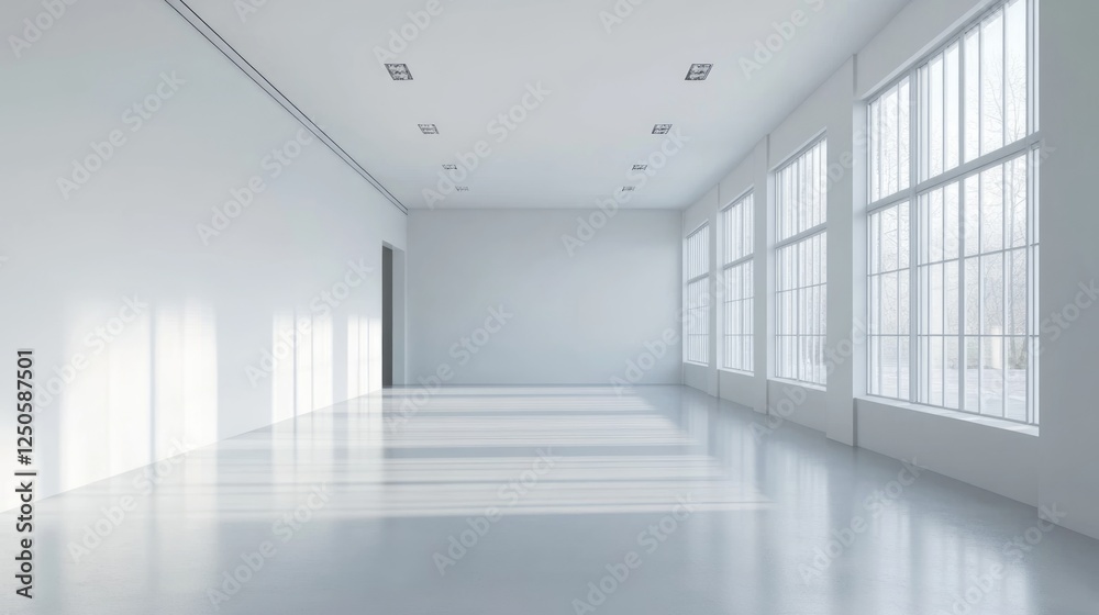 Minimalistic white room featuring expansive windows and modern furniture creating a clean and spacious aesthetic ideal for various uses. Minimalistic white room featuring expansive windows and modern furniture creating a clean and spacious aesthetic ideal for various uses.