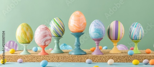 Colorful marble Easter eggs displayed on stands over cork backing with vibrant decor and free space for text or graphics. photo