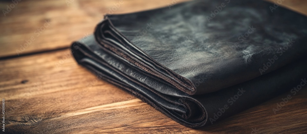 Black cow leather folded on a rustic wooden table showcasing texture and richness of natural material for crafting and design projects. Black cow leather folded on a rustic wooden table showcasing texture and richness of natural material for crafting and design projects.