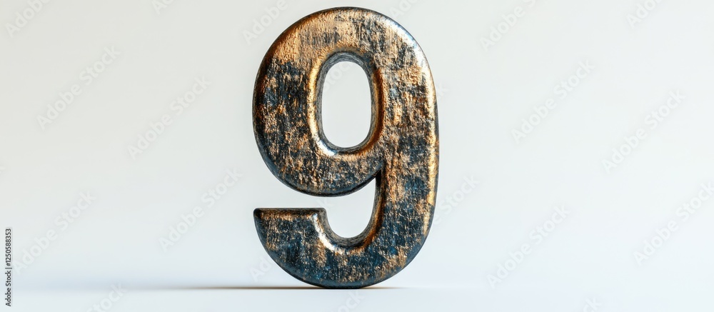 Metallic Number Nine with Textured Finish Isolated on White Background Ideal for Custom Text or Branding Applications Metallic Number Nine with Textured Finish Isolated on White Background Ideal for Custom Text or Branding Applications
