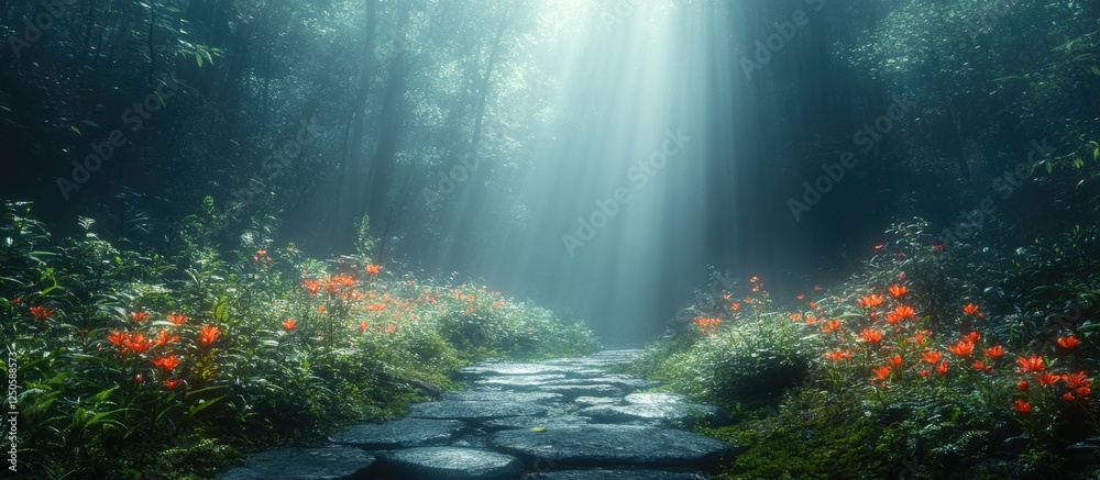 Obraz premium Enchanting forest path with soft sunlight and vibrant flowers creating a mystical backdrop for photography and creative projects.