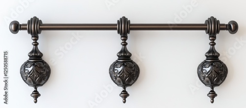 Elegant metal curtain rod with ornate finials displayed on a white background showcasing stylish window treatment accessories. photo