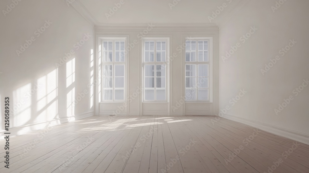 Fototapeta premium Bright and Airy Minimalist Interior with White Walls and Natural Light Streaming Through Windows