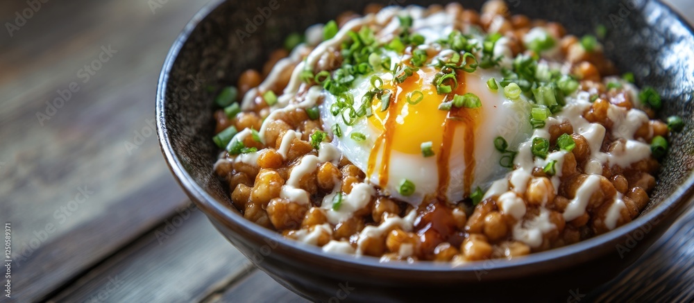 Traditional Japanese natto with soft boiled egg garnished with green onions and sauce in a rustic bowl, served on a wooden table Traditional Japanese natto with soft boiled egg garnished with green onions and sauce in a rustic bowl, served on a wooden table