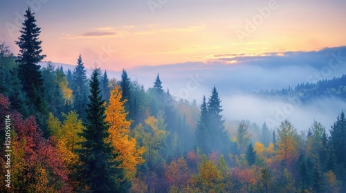 Misty Wilderness Landscape with Autumn Colors and Soft Morning Light in a Serene Natural Setting