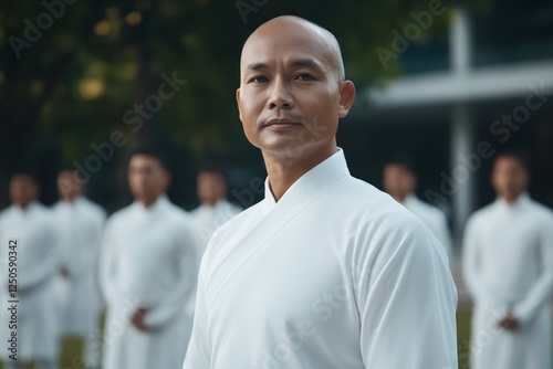 Practicing mindfulness and meditation in white robes at a tranquil outdoor training session photo