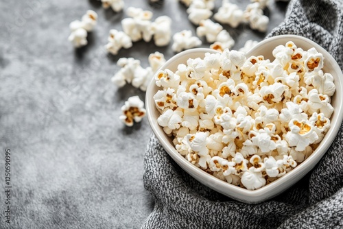 Delicious popcorn in heart bowl for romantic movie nights or cozy gatherings with loved ones, ideal for capturing warm moments and tasty snack inspiration photo