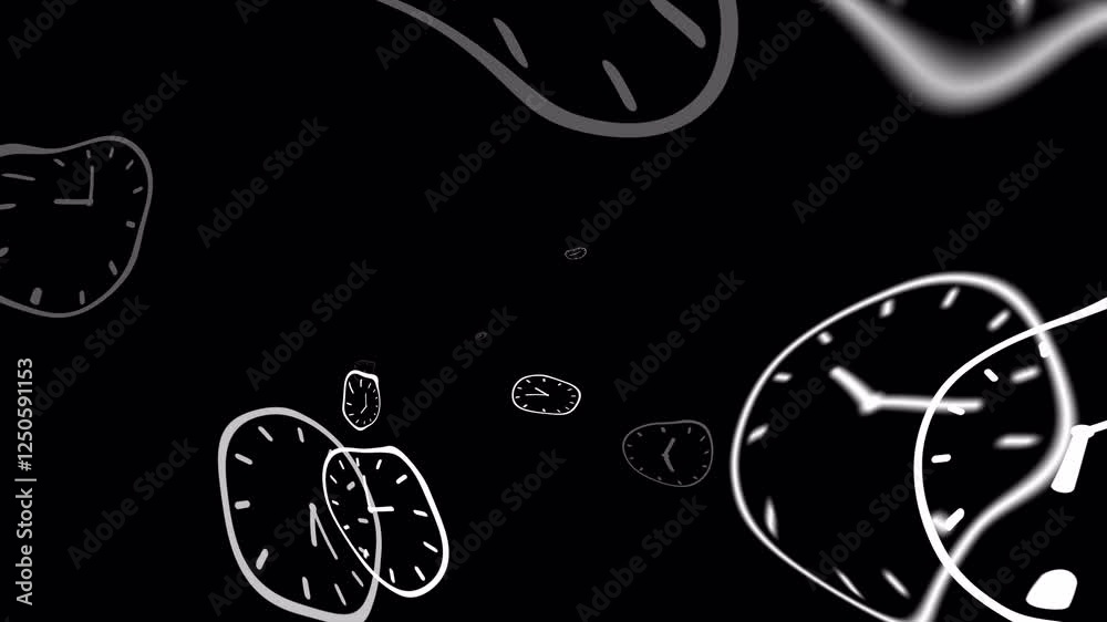 Distorted Time-passing effect on a transparent background, seamless loop. Animation of ticking round clocks flow into the camera, taking a lot of running time, a wobbly time machine.