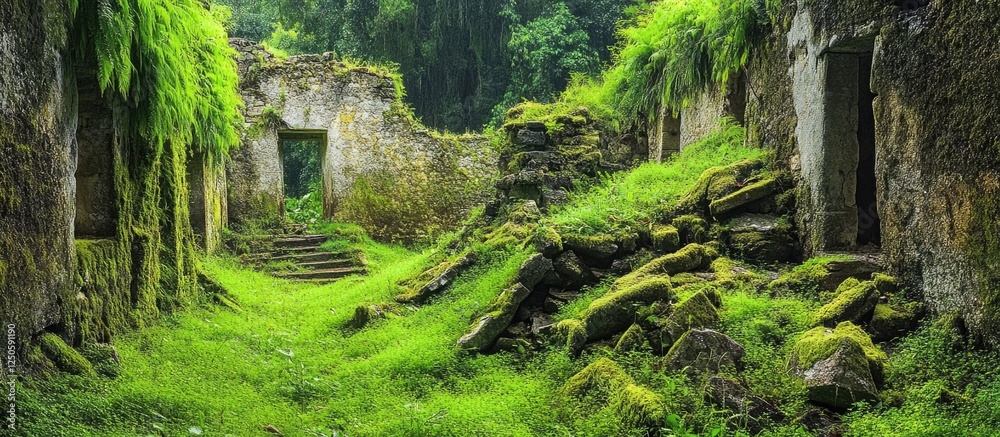 Lush overgrown ruins with ancient stone walls covered in moss and grass, showcasing nature's reclamation of forgotten architecture