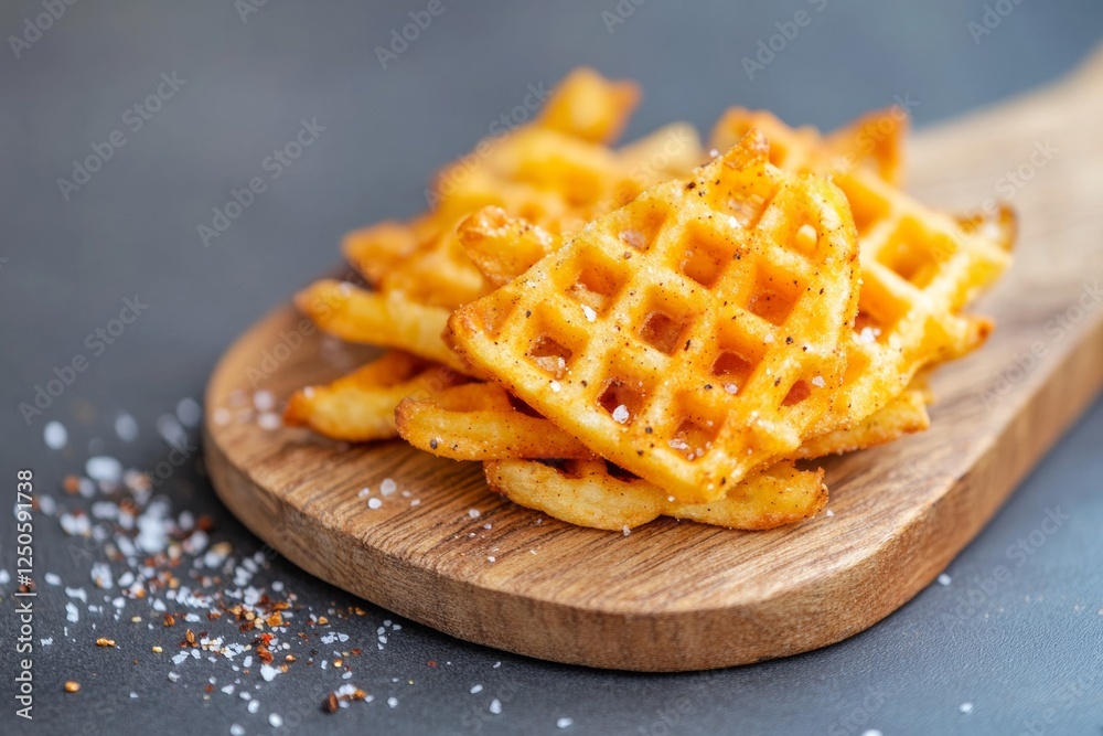 Rustic Culinary Art Golden Waffle Fries on Wooden Board - Trendy DIY Food Styling, Textural Potato Snack Imagery for Fast-Food Alternatives and Lifestyle Blogging Rustic Culinary Art Golden Waffle Fries on Wooden Board - Trendy DIY Food Styling, Textural Potato Snack Imagery for Fast-Food Alternatives and Lifestyle Blogging