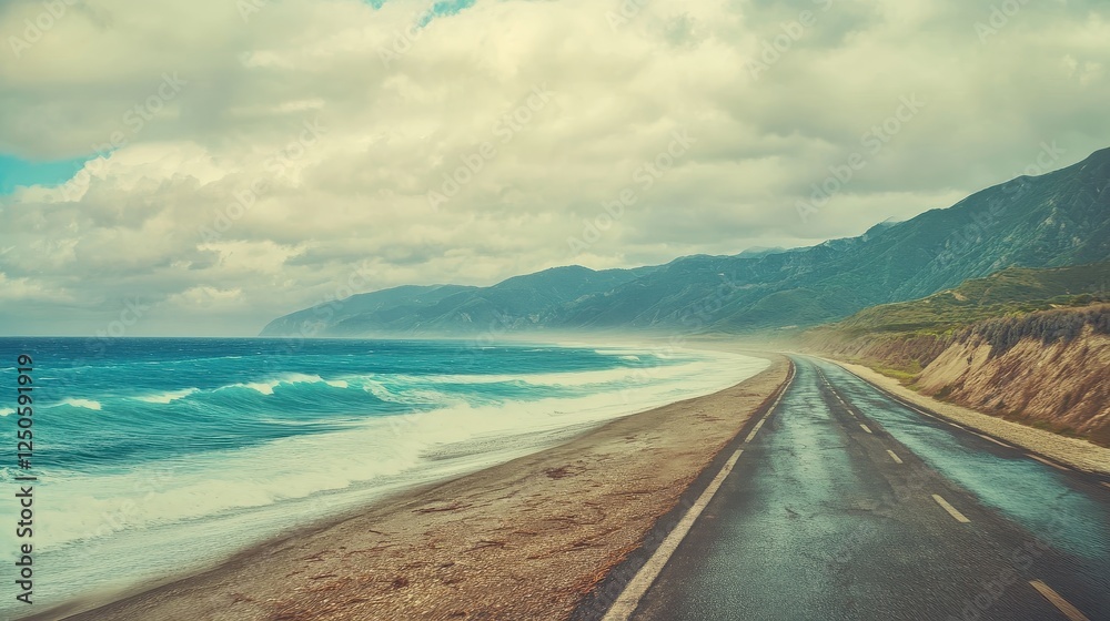 Obraz premium A scenic coastal road bordered by waves and mountains under a cloudy sky, inviting exploration and adventure.